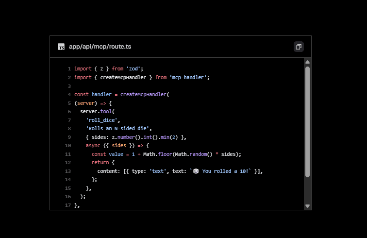 Code block preview showing syntax highlighted TypeScript