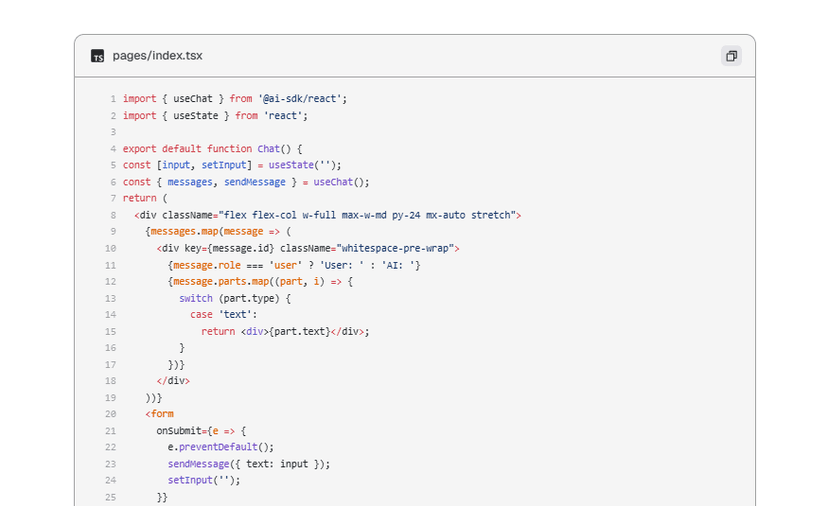 Code block preview showing syntax highlighted TypeScript