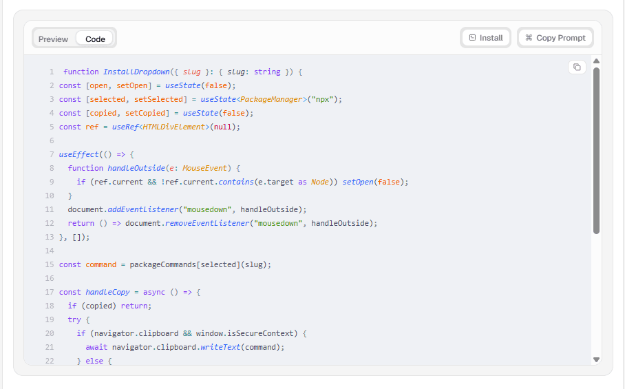 Code block preview showing syntax highlighted TypeScript