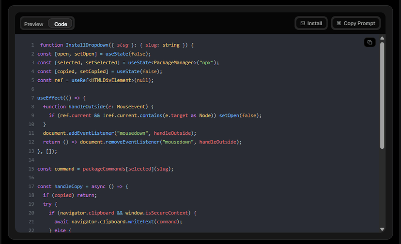 Code block preview showing syntax highlighted TypeScript